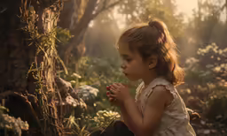 a little girl sitting on the ground near a tree