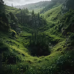 a lush green hillside filled with lots of trees