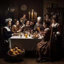 the people are sitting at the table with many drinks