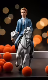 a toy figure is holding a helmet and on the horse