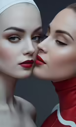 two female models with red lipstick and makeup