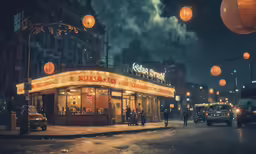 people walking and cars driving in front of a theatre
