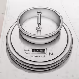 a scale with a drawing of a measuring cup