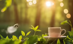 a cup and saucer in a grassy area with sunlight coming down on trees and plants