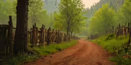 a dirt road leads to an orchard with wooden fences,the dirt road is lined with wooden posts