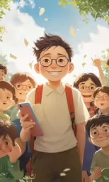 a young man holding up his tablet computer in front of an animated crowd of people