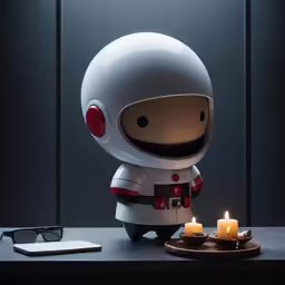 a robot next to a plate with a candle and cell phone