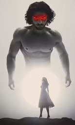 the hero with red glowing eyes stares at a woman