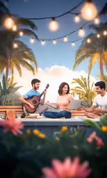 two people sit on a bench, one playing a guitar, and the other holding a laptop
