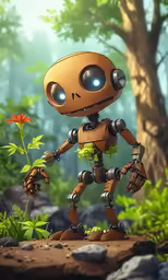 an orange robot holding a plant in his hands
