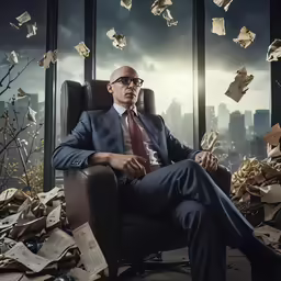 a man in a suit sitting on a chair in front of falling documents