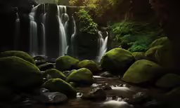 a waterfall in a forest filled with green rocks