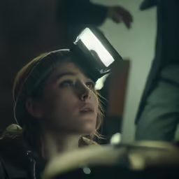 the woman in the beanie is looking at something
