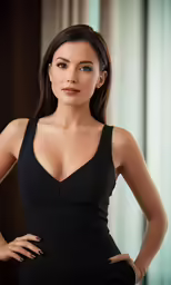 a woman posing for the camera in a black dress