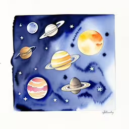 a drawing of several planets with stars on them,a painting shows planets in the sky