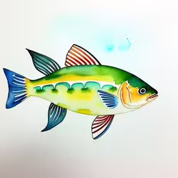 a fish painted in the technique of watercolor on paper,painting of a yellow fish with blue fins