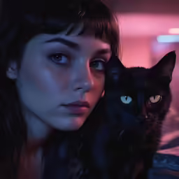 a woman poses with a cat in her arms