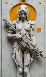 an art sculpture of a girl with guns holding a gun