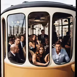 a group of people sitting next to each other in front of a trolley