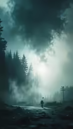 a man stands on a foggy path while his dog walks across the grass