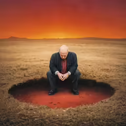 a man in a suit sitting on a mound of dirt