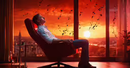 man sitting in an office chair at the window during the sunset,a man sitting in a chair with his feet on the table