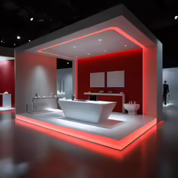 the interior of a bathroom with a red light