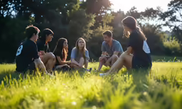 group of people sitting in field near each other