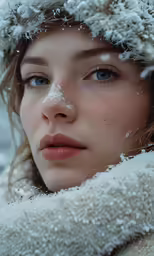 a young woman in a winter wonderland, wearing a large, white fur hat and scarf