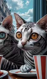 a picture of two cats with large yellow eyes sitting on top of plates