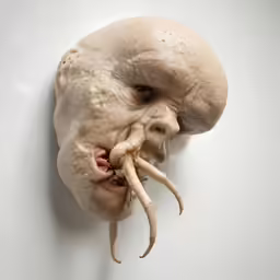 a strange object that appears to be a human head with large googly teeth and huge claws