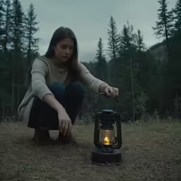 a woman kneeling down and lighting a lantern