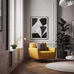 a room with a yellow chair and a white table