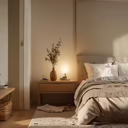 a bedroom with a bed a table and a plant