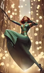 a woman dressed in green and holding two swords