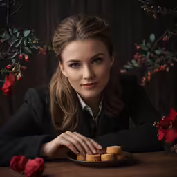 a young woman holding her hands on a plate