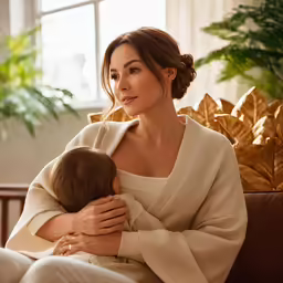 woman with breast wrapped around holding a small child