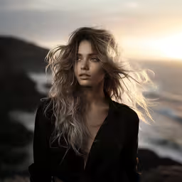 a woman in black shirt next to ocean and rocks,a woman with flowing blonde hair posing in front of an ocean