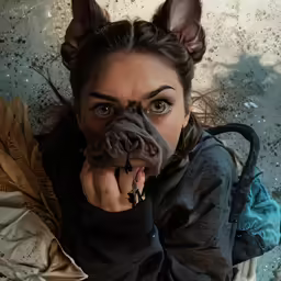 a woman posing with her cat in front of her