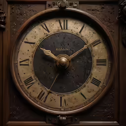 a clock with roman numerals and brown leather