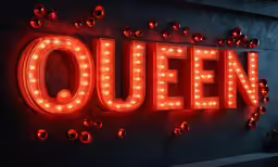 a large neon sign that says queen on it
