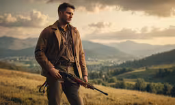 a man in a field with a rifle,a man in brown clothes holding a shotgun on a mountain