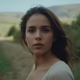 a girl with her long hair in the foreground with a hilly area