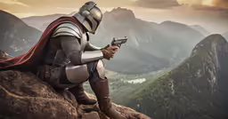 a man with a weapon on a mountain overlooking mountains