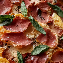 a closeup view of salami and green leaves on pizza