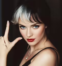 a girl with her finger raised up wearing a black dress