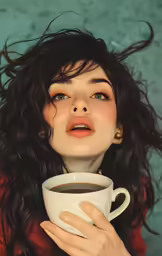 a woman is holding a cup of coffee