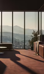 a room with large windows overlooking the city below