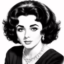 a black and white drawing of a woman with pearls on her head