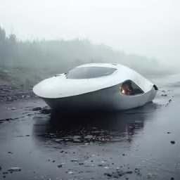 a white boat on the wet ground next to trees